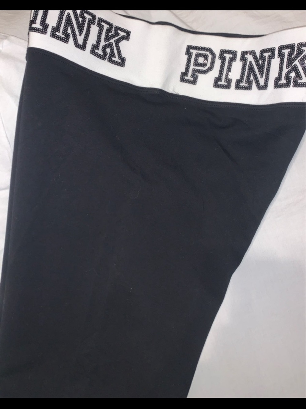 PINK Victoria's Secret White Sequin Logo Tee & Black Logo Leggings Set L/XL - Picture 5 of 5